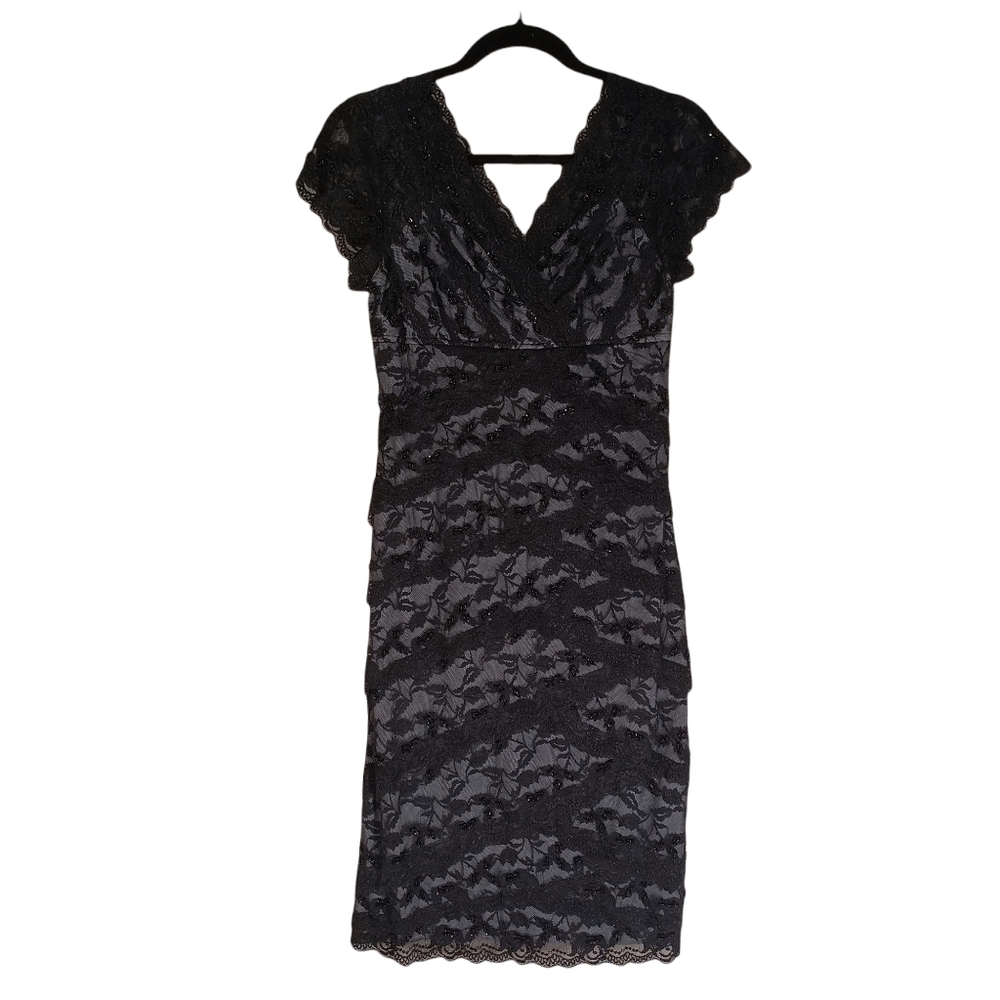 MARINA Gray Black Scallop Layered Lace Short Sleeve Beaded Cocktail Dress 4